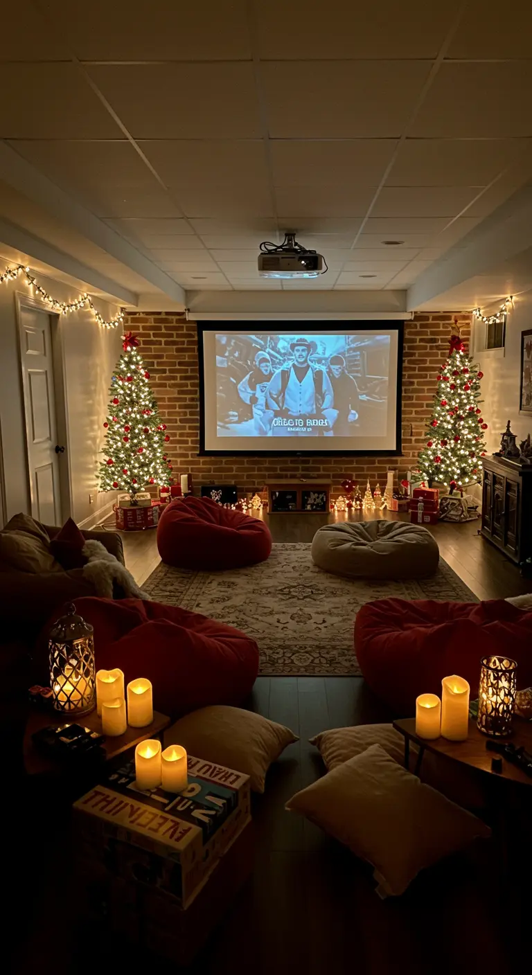 Salle de cinéma maison avec poufs, sapins de Noël et guirlandes lumineuses.