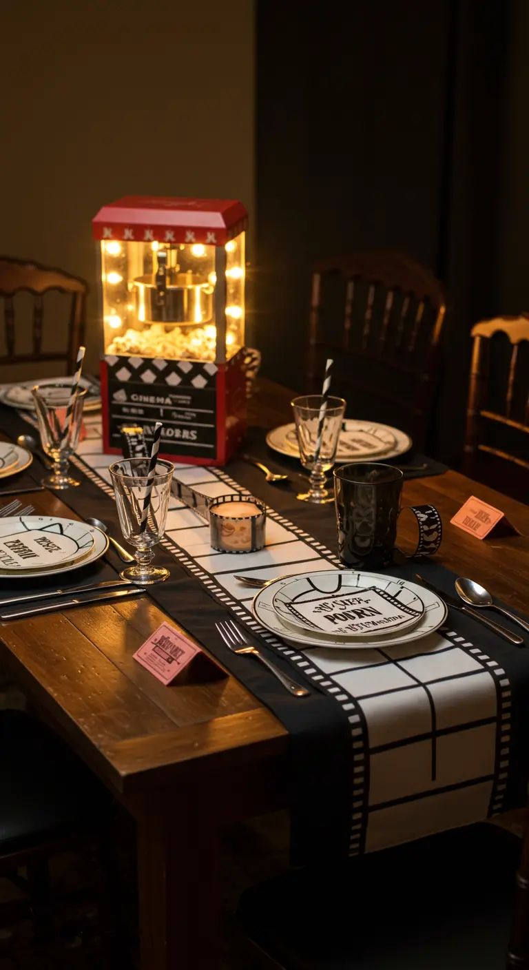 Table sur le thème du cinéma avec une machine à pop-corn et un chemin de table pellicule.