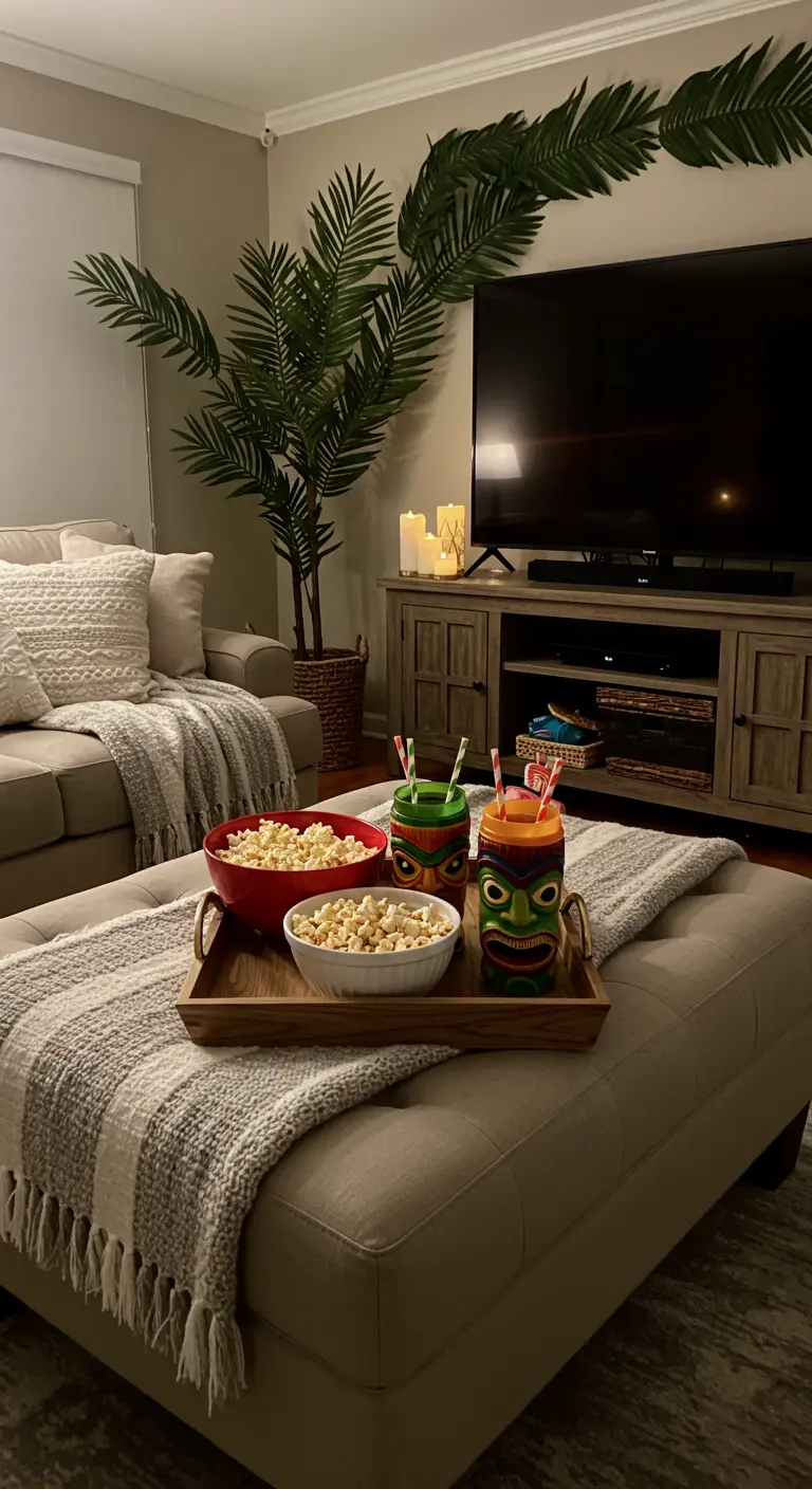 Soirée film avec un canapé, du popcorn et des verres tiki sur une table basse