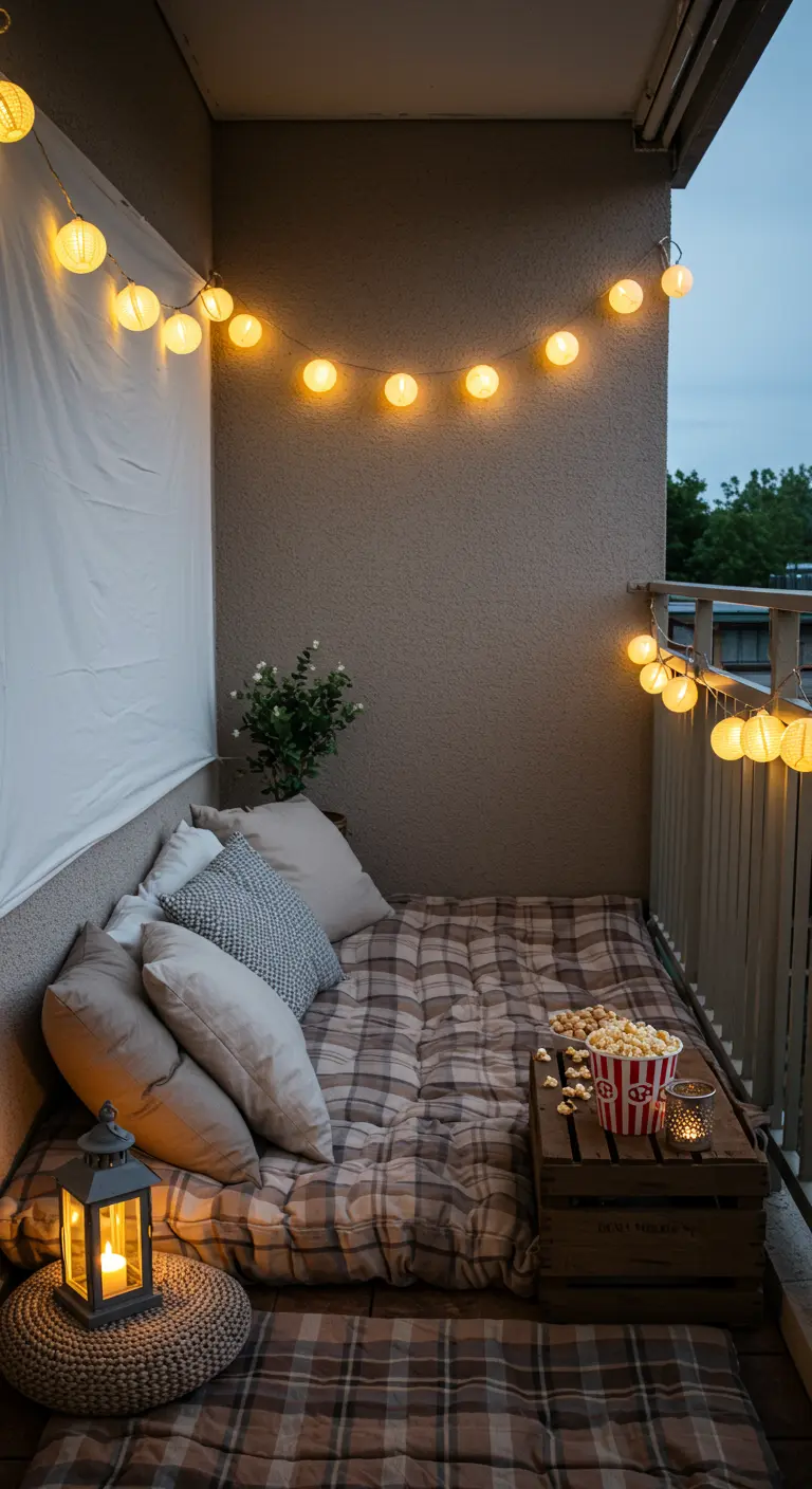 Coin cinéma cosy sur un balcon avec un matelas, des coussins et du popcorn.