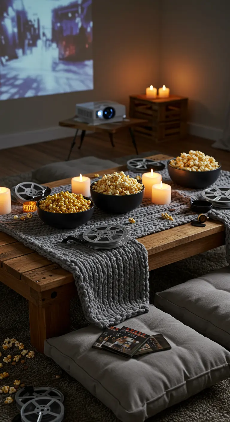 Ambiance cosy avec projection cinéma au sol, coussins moelleux et bougies.