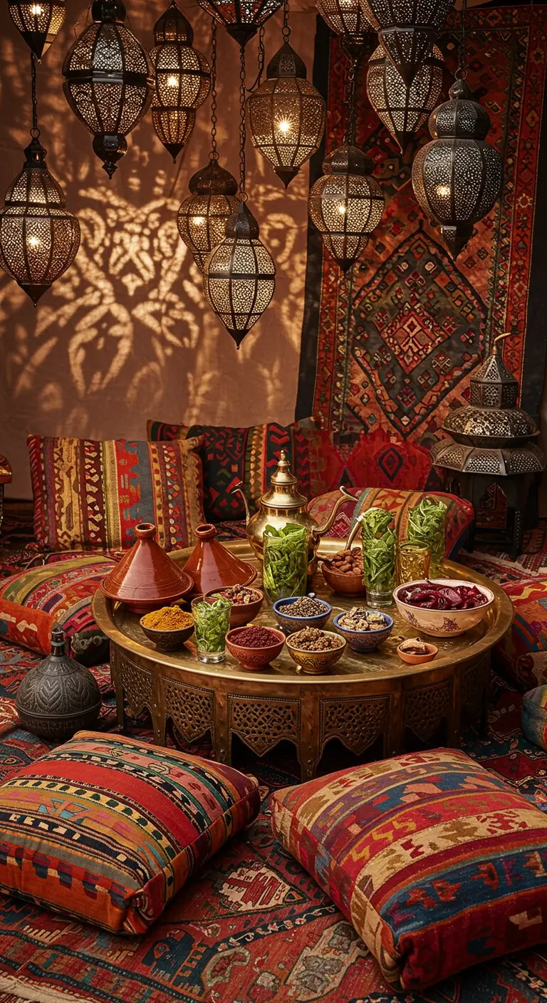 Salon marocain avec coussins au sol, table basse en laiton et lanternes.