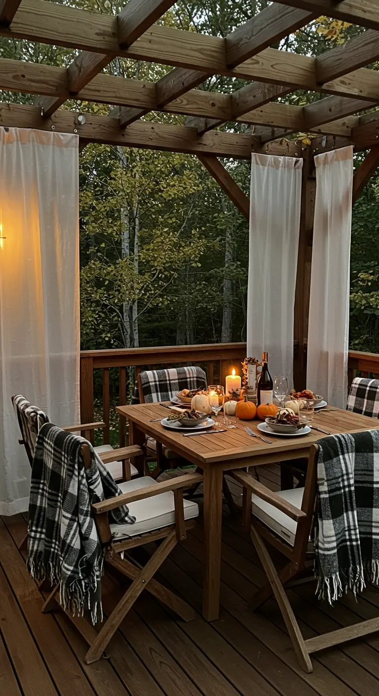 Table d'automne dressée sous une pergola avec des plaids et des citrouilles