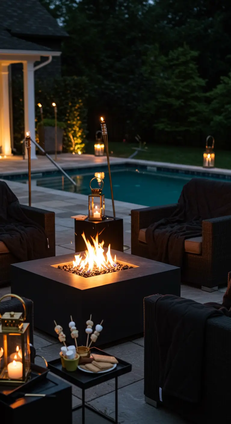 Coin feu près d'une piscine avec fauteuils, plaids, torches et lanternes.