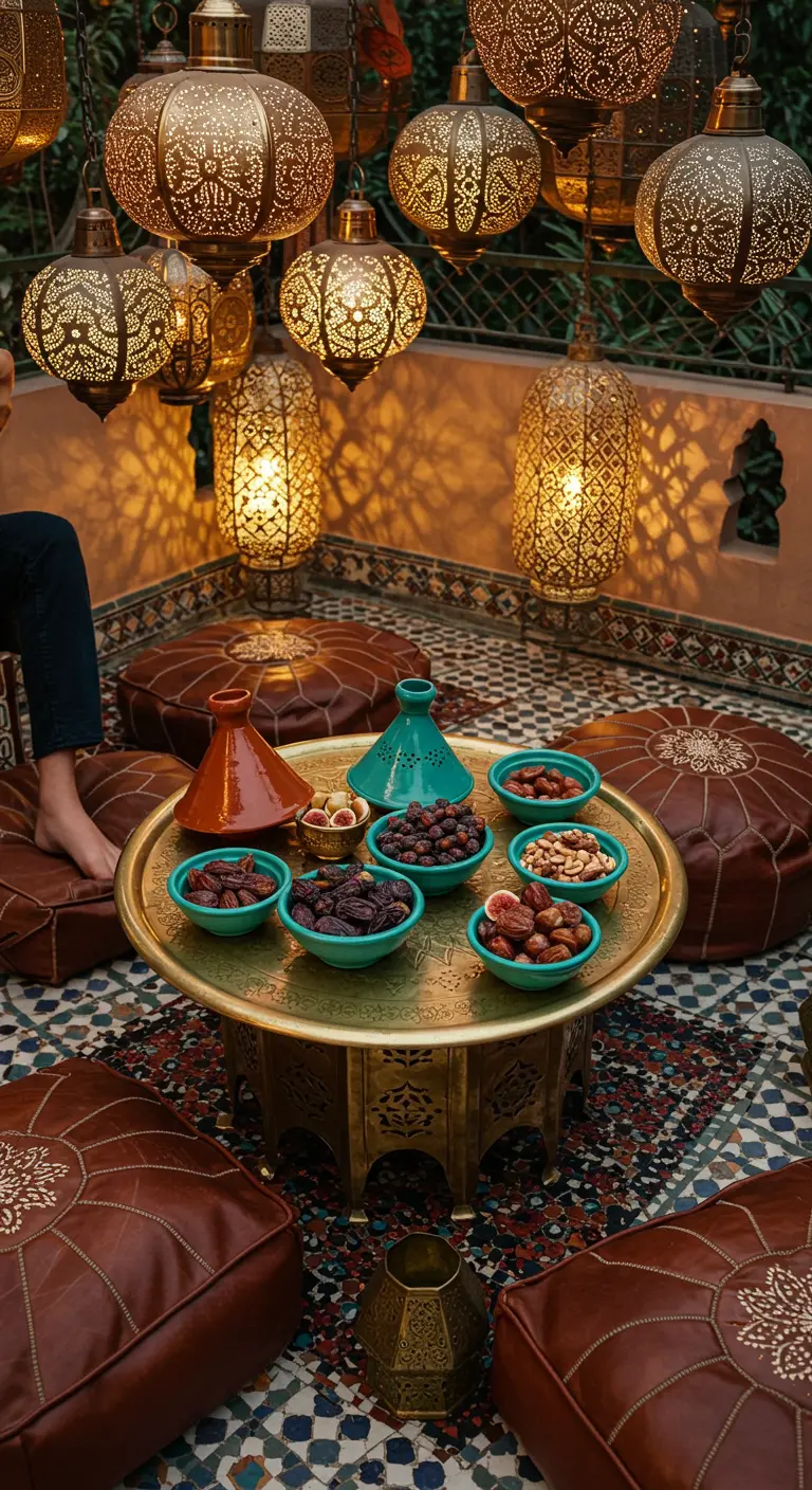 Ambiance marocaine avec lanternes suspendues, table basse en laiton et poufs en cuir.
