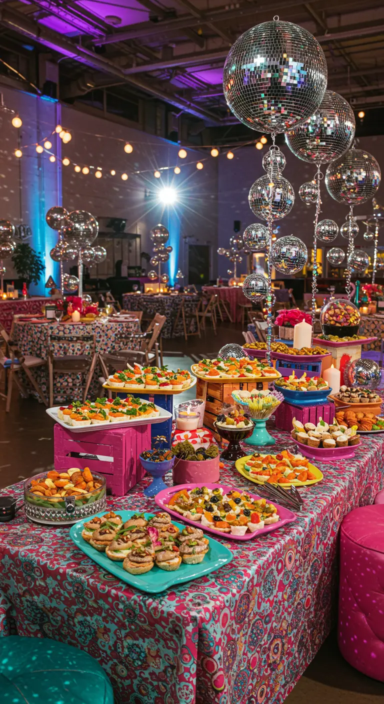 Buffet ambiance disco, boules à facettes, couleurs vives, nappes fantaisie.