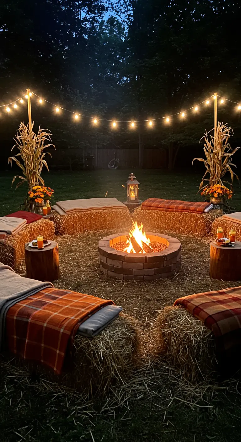 Soirée feu de camp avec bottes de foin, plaids à carreaux, guirlandes lumineuses et chandelles.
