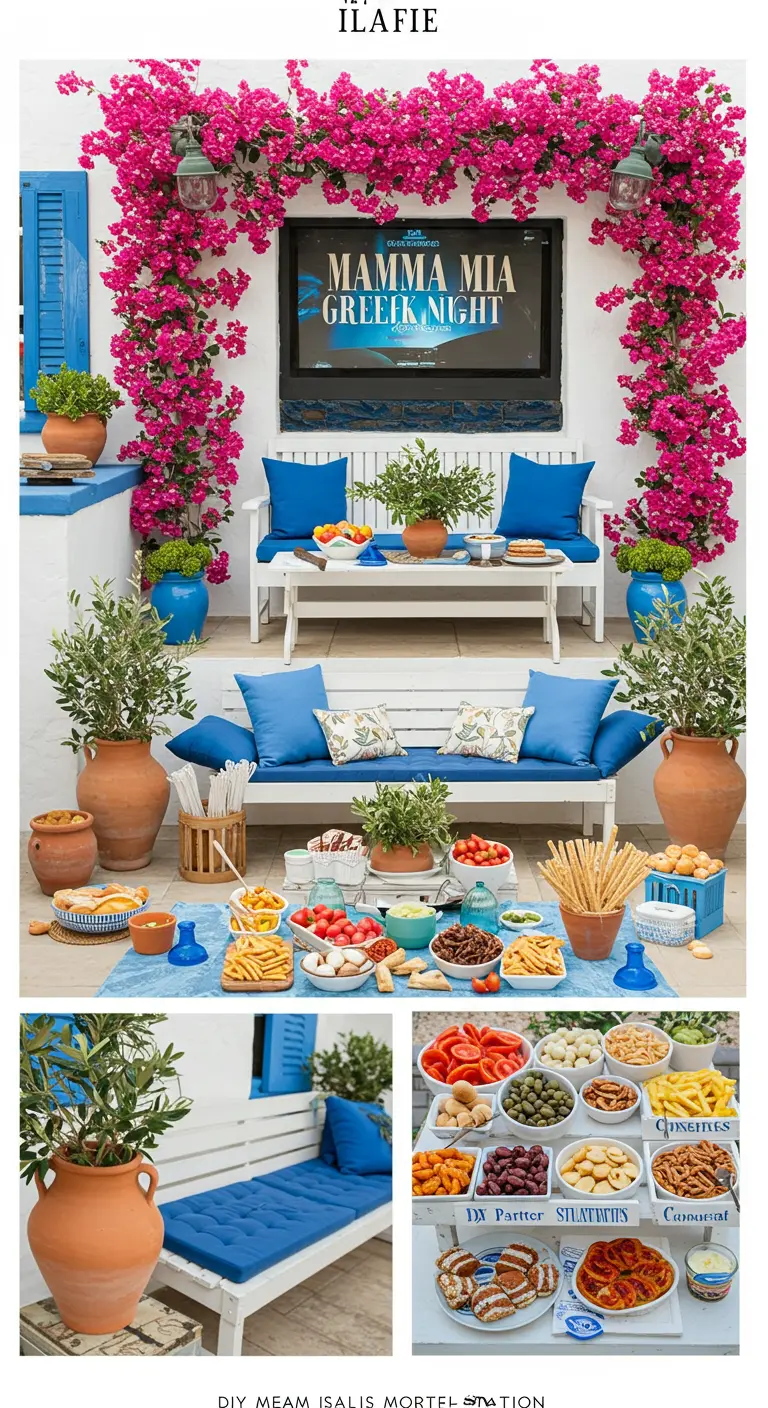 Décor de soirée grecque avec un mur blanc, des touches de bleu et des bougainvilliers.