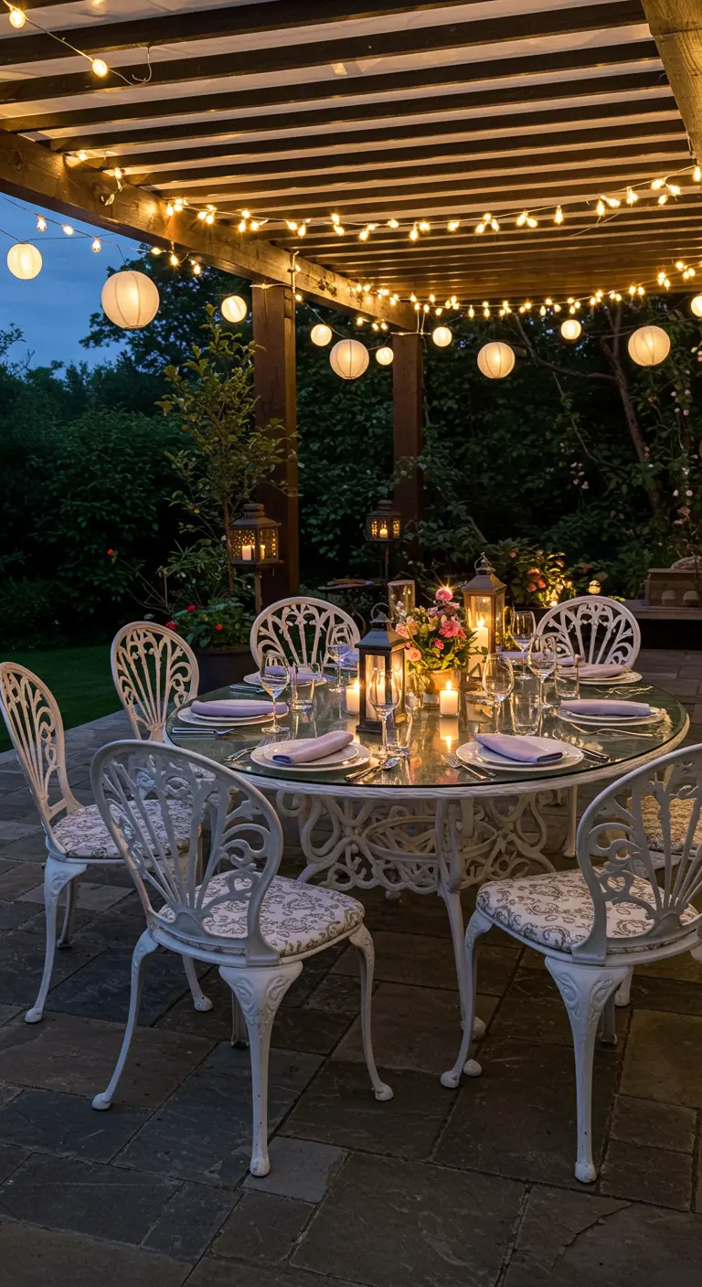 Table de réception en fonte blanche sous une pergola illuminée de lampions.