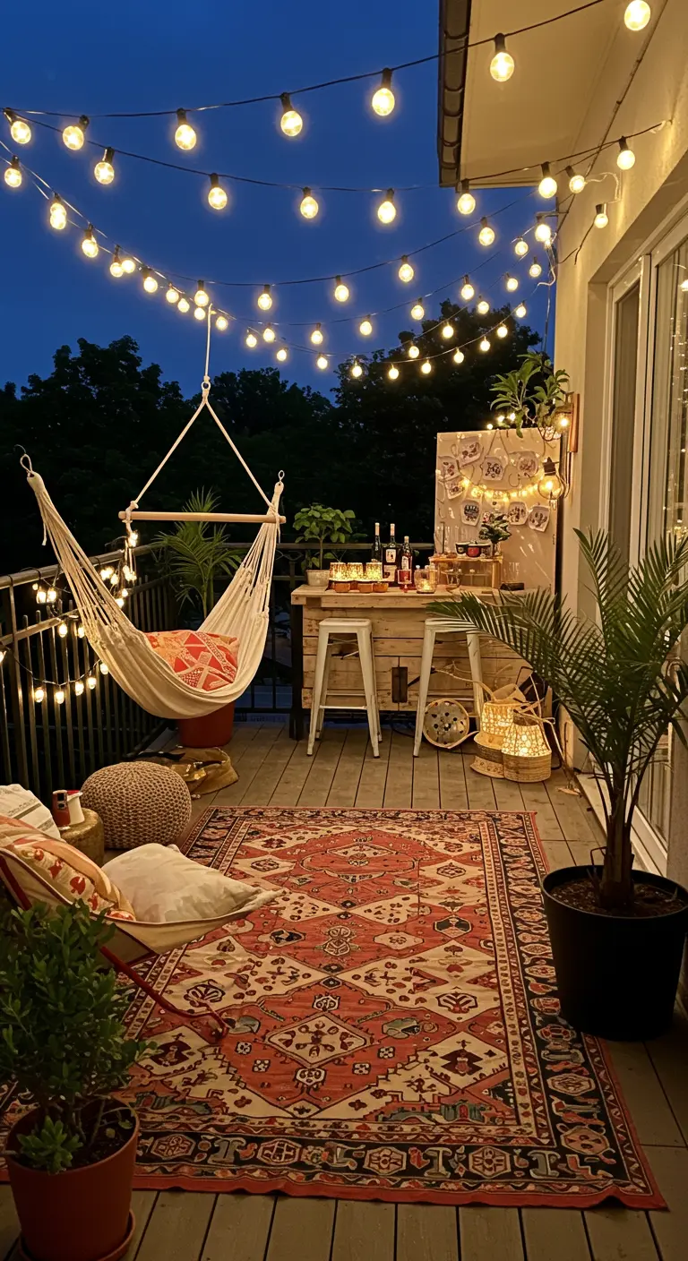 Balcon festif avec hamac suspendu, bar extérieur, tapis ethnique et guirlandes guinguette.