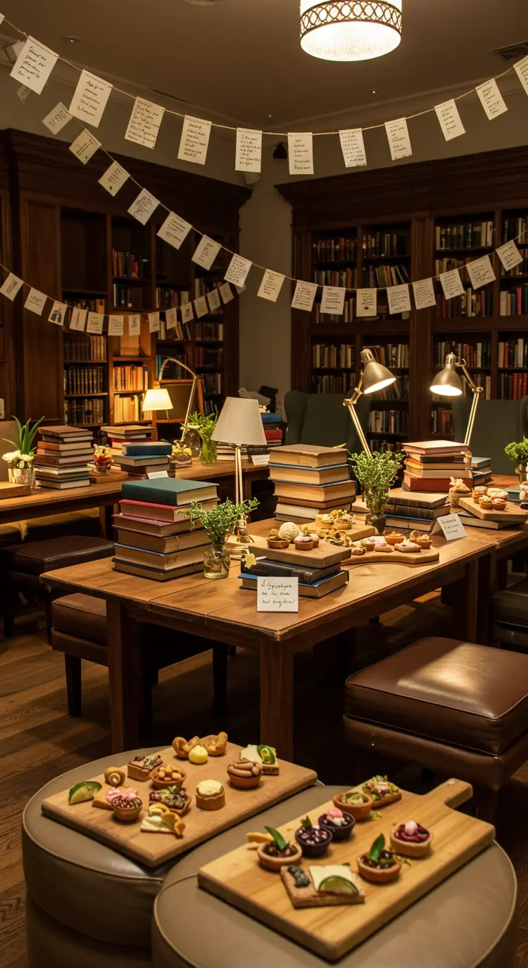 Salle de bibliothèque décorée pour une fête avec des livres empilés et une guirlande de notes.