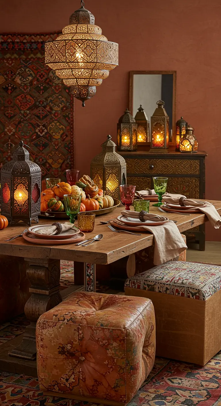 Table en bois de style marocain avec de nombreuses lanternes, des citrouilles et des poufs.