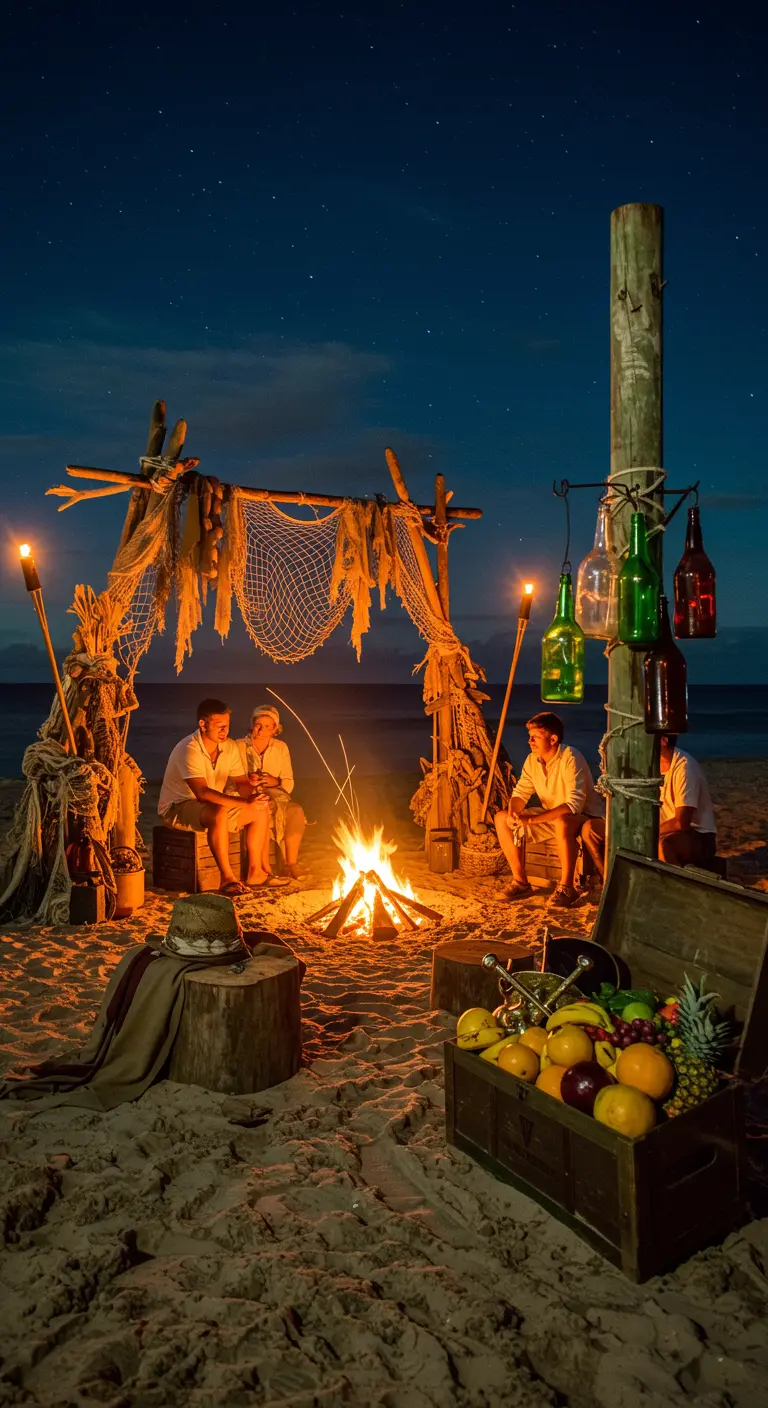 Ambiance feu de camp sur la plage avec une arche en bois flotté et des torches.