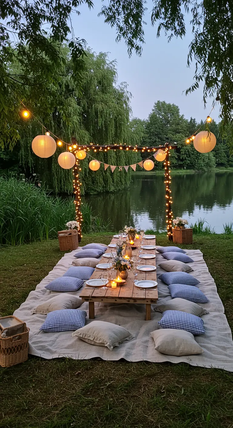 Dîner pique-nique au bord d'un lac, table en bois, coussins et guirlandes lumineuses.
