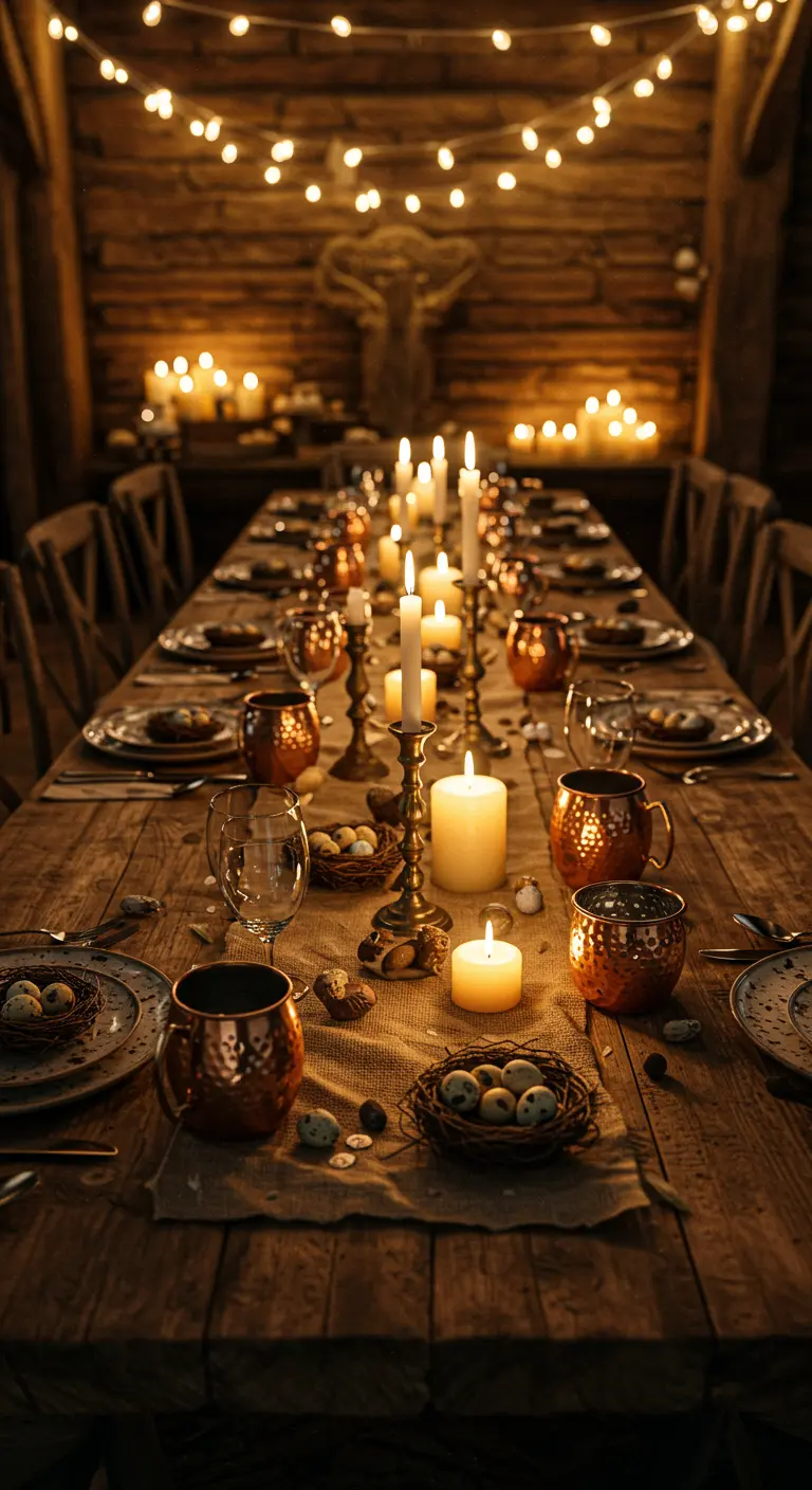 Table de Pâques rustique éclairée à la bougie dans une grange, ambiance chaleureuse.
