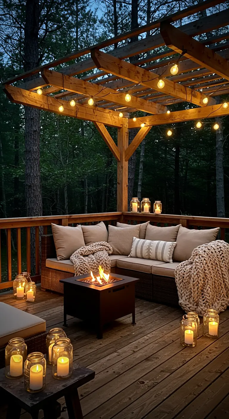 Terrasse en bois dans la forêt avec pergola, guirlandes, brasero et bougies.