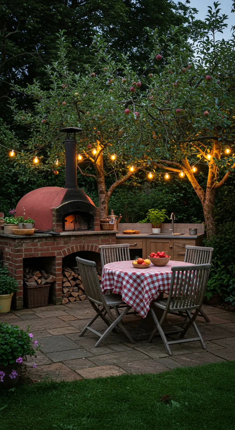 Four à pizza en brique sous des pommiers illuminés, table avec nappe à carreaux.