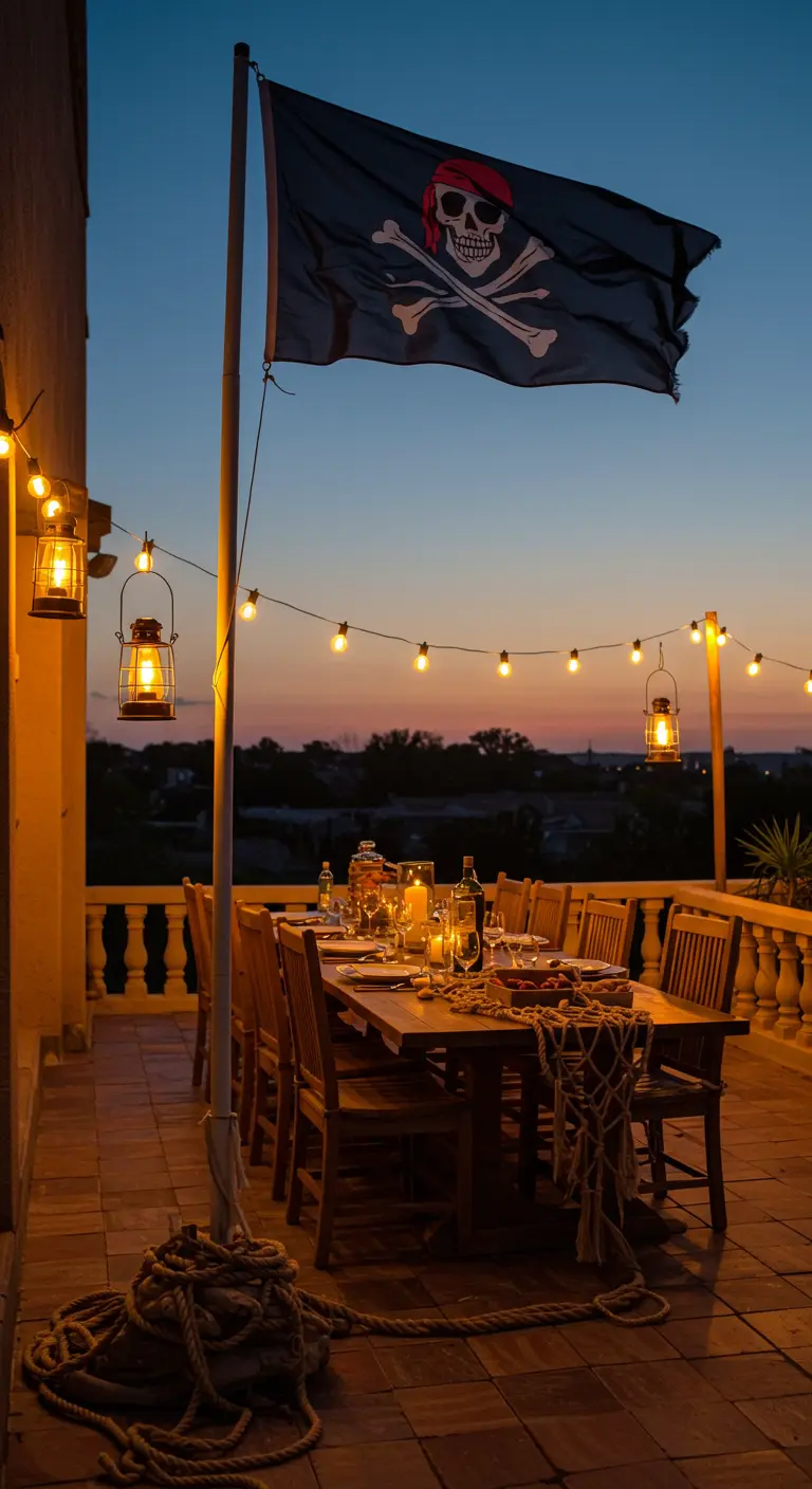 Table de dîner en extérieur au crépuscule avec des lanternes et un drapeau pirate