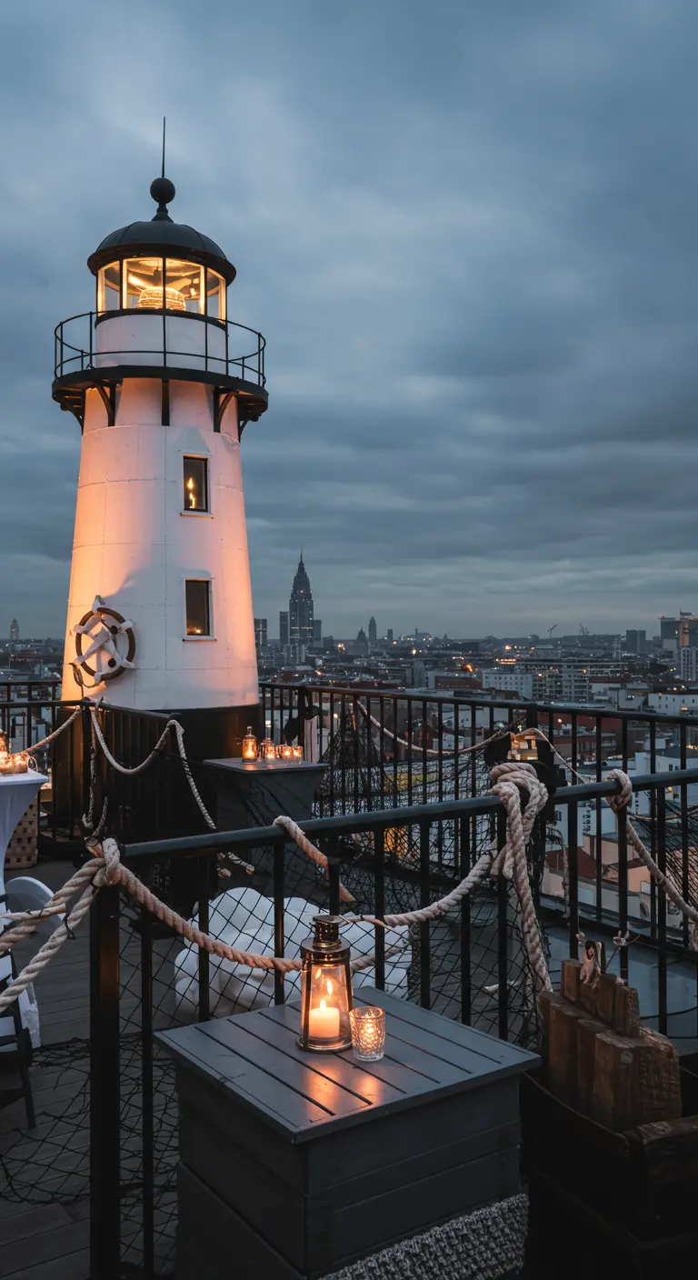 Réplique de phare sur un toit-terrasse avec des filets et des cordes comme décor.