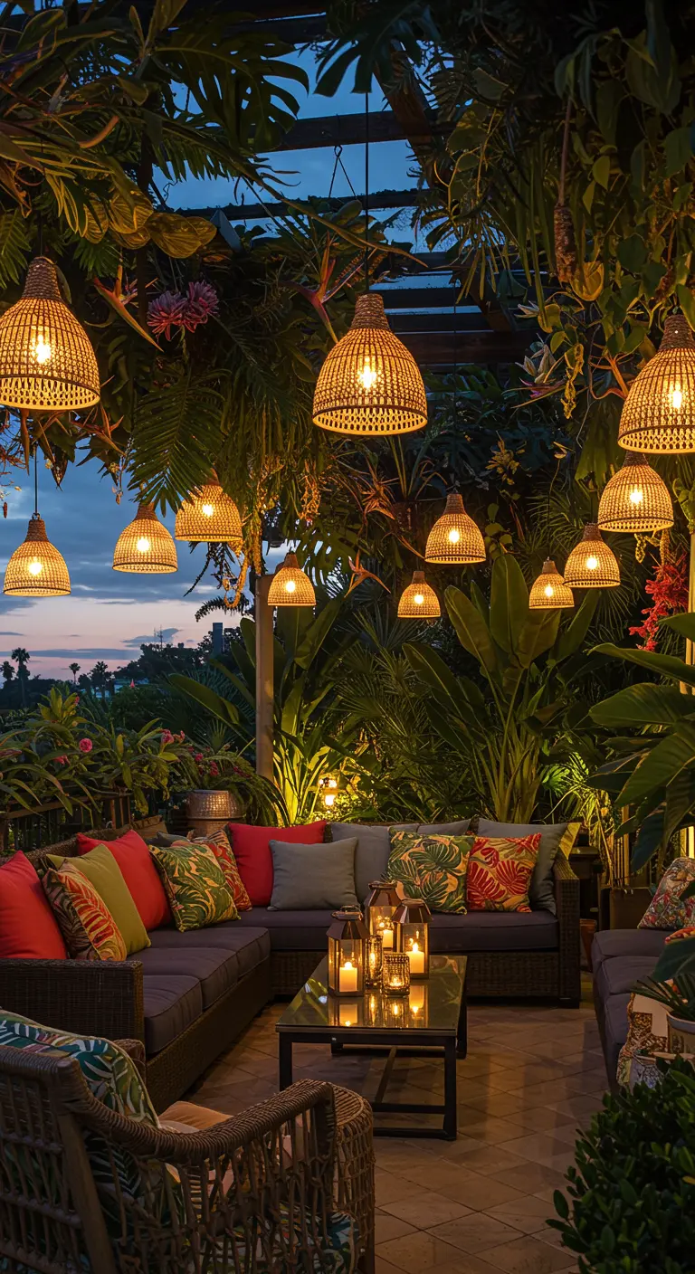Terrasse de style tropical avec de grandes plantes, des lampes en rotin et un canapé.