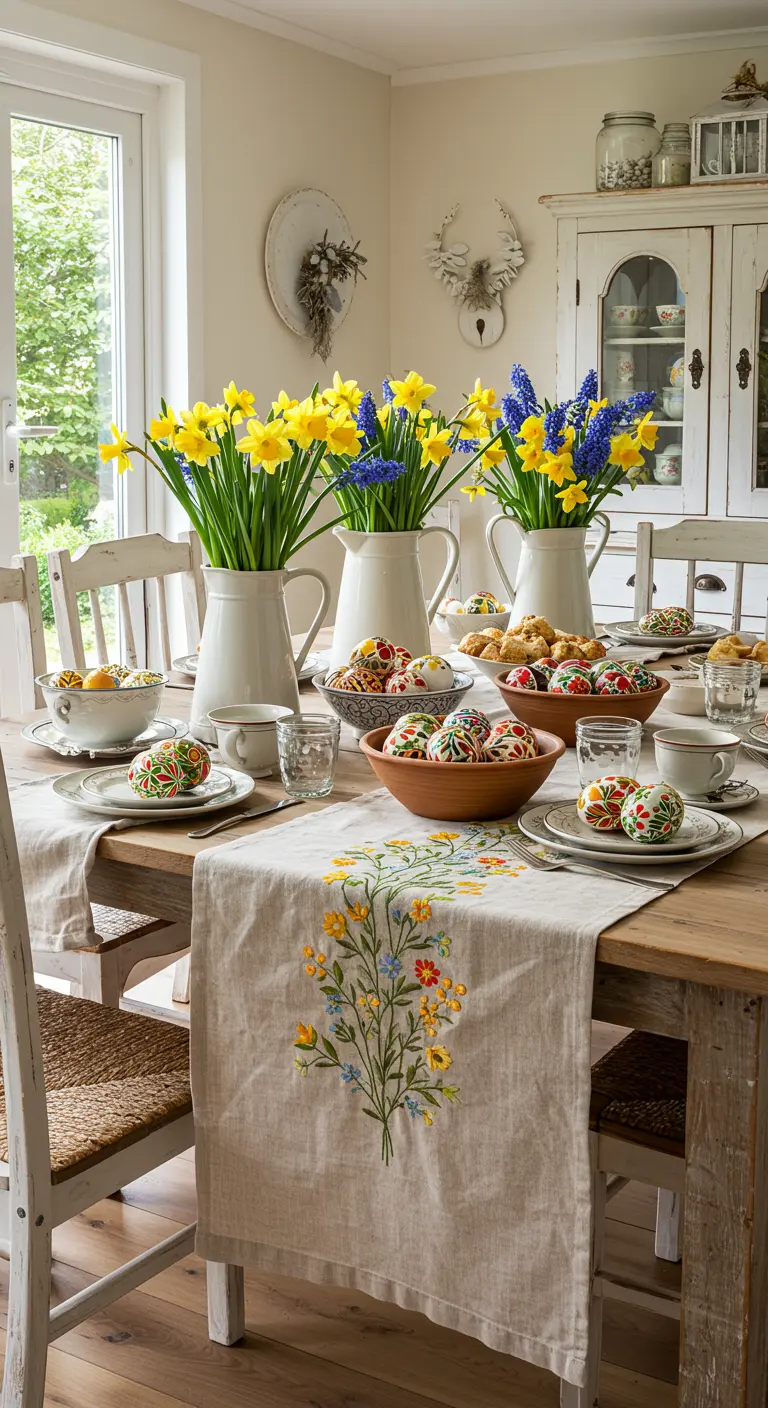 Table de Pâques rustique avec bouquets de jonquilles et chemin de table brodé.