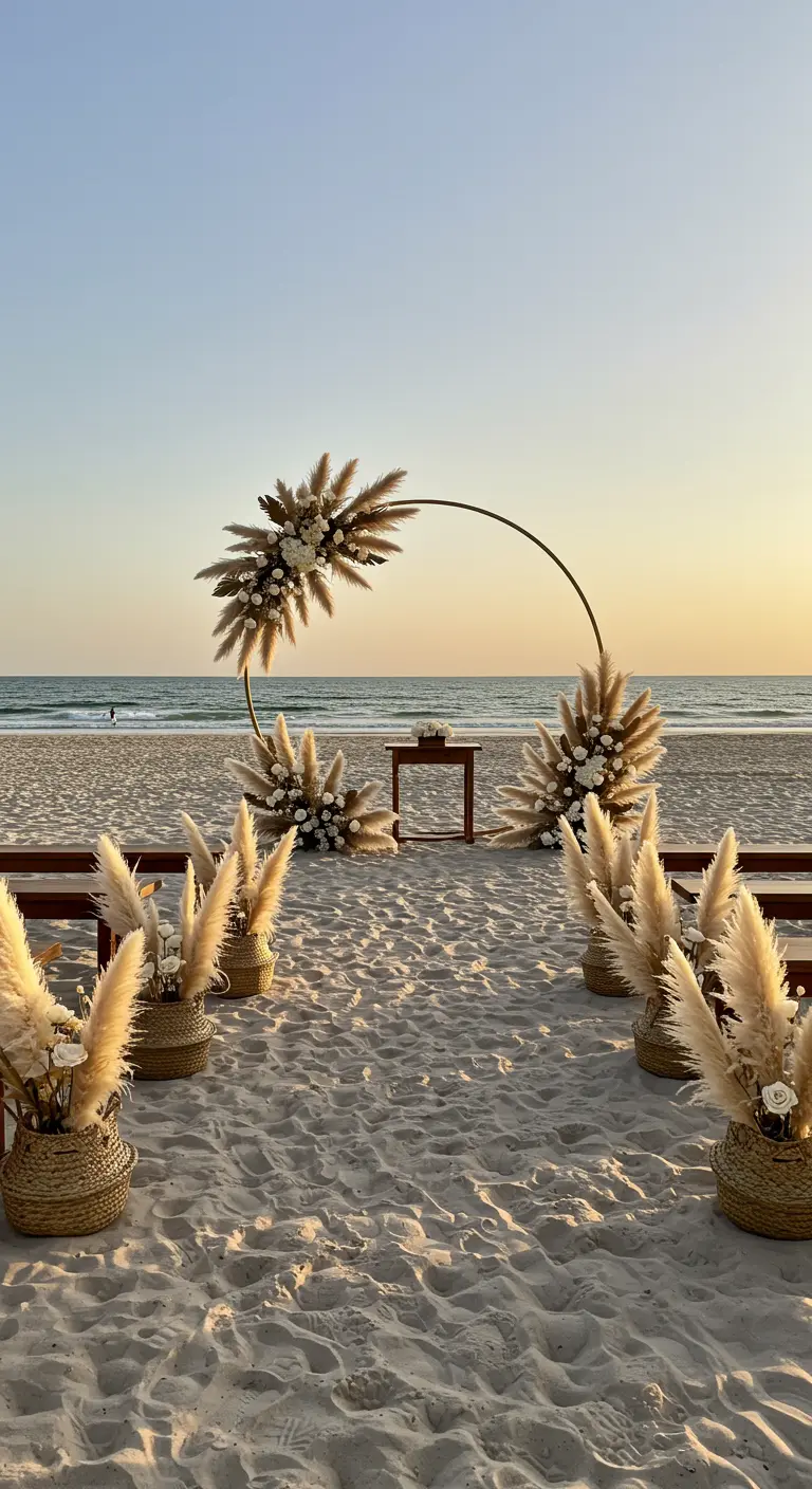 Arche dorée semi-circulaire avec pampas sur une plage au coucher du soleil.