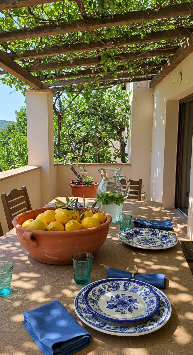 Table méditerranéenne avec un grand bol en terre cuite rempli de citrons.