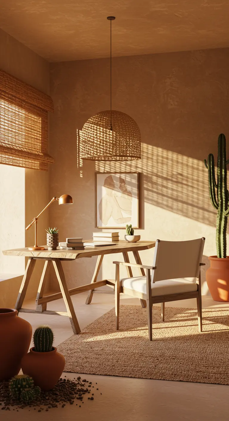 Bureau en bois dans une pièce ocre avec des stores en bambou et une grande suspension en paille.