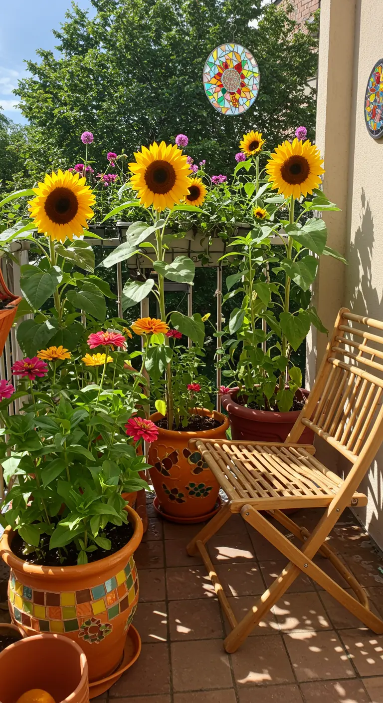 Balcon fleuri avec tournesols en pots, zinnias, pots en mosaïque et un siège en bois