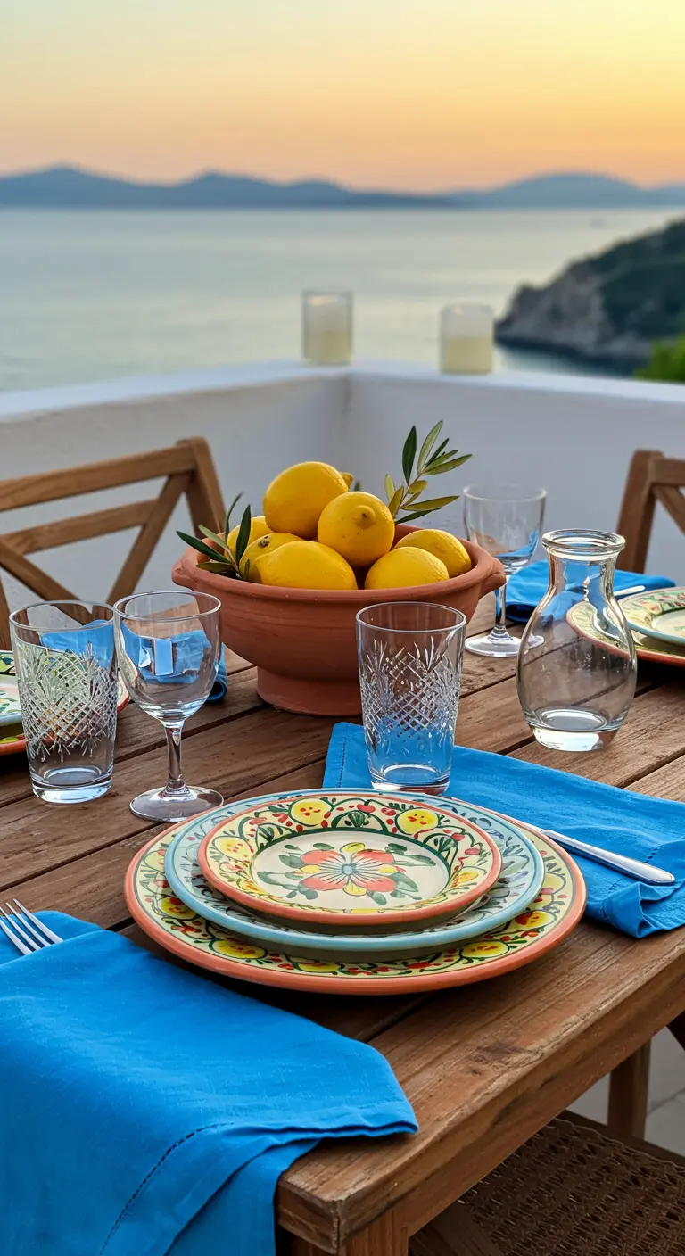 Table en bois sur un balcon avec vue sur la mer, décorée de citrons et de vaisselle colorée.
