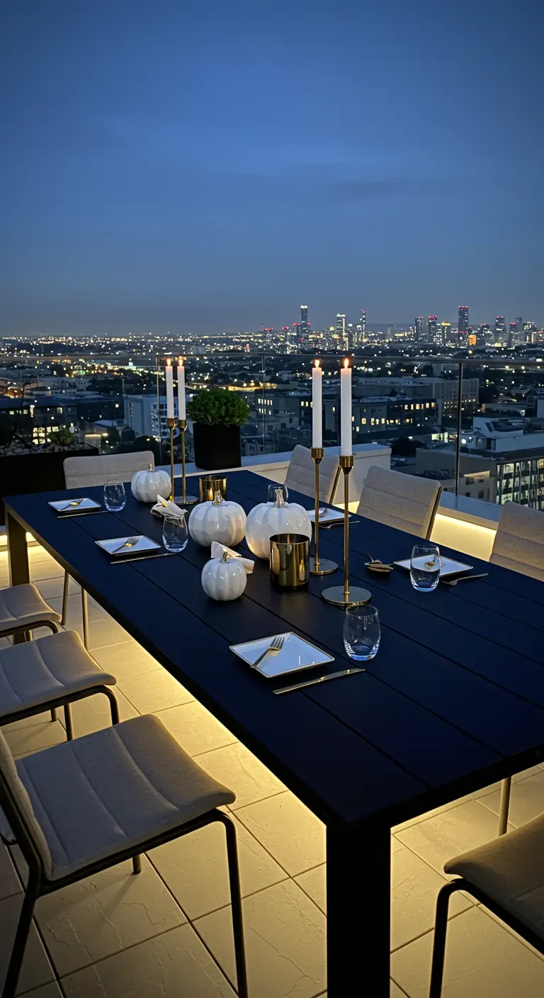 Table extérieure sur toit-terrasse au crépuscule, citrouilles blanches, chandeliers dorés, vue sur la ville.