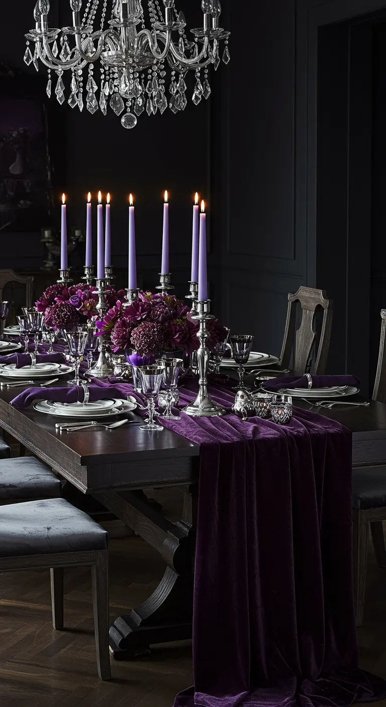 Table de dîner sombre et élégante avec un chemin de table en velours violet et des bougies lavande.