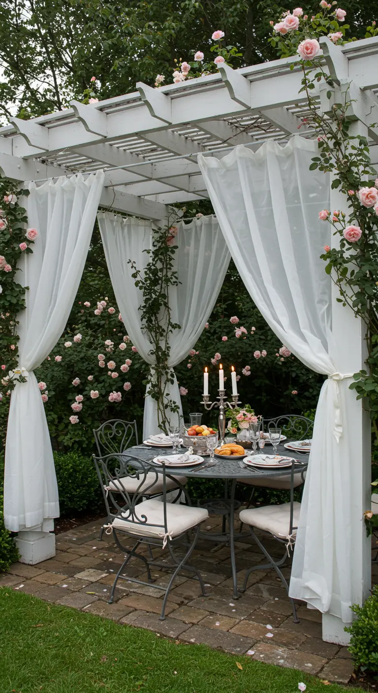 Pergola blanche dans un jardin de roses avec une table en fer forgé