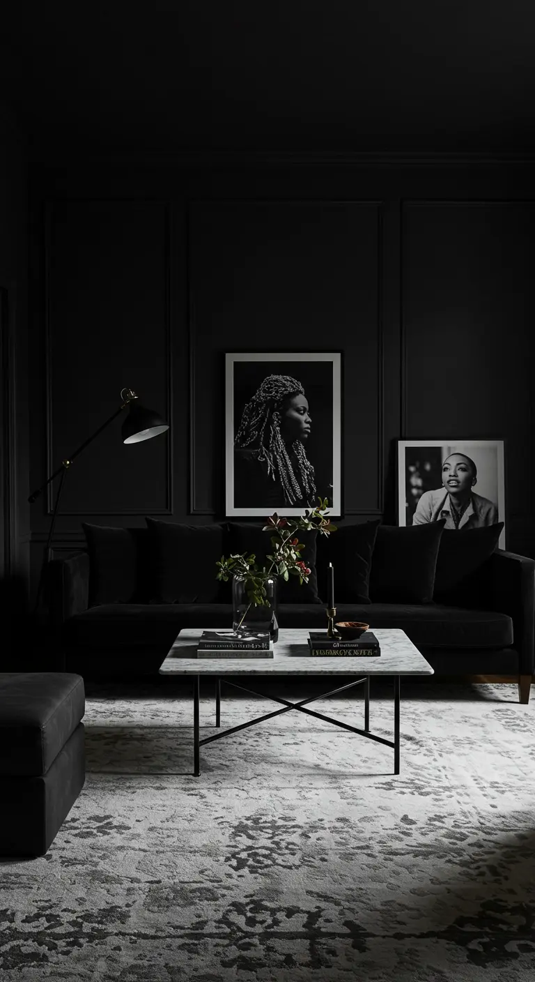 Salon sombre et chic avec canapé en velours noir, murs noirs, tapis abstrait clair et table basse en marbre.