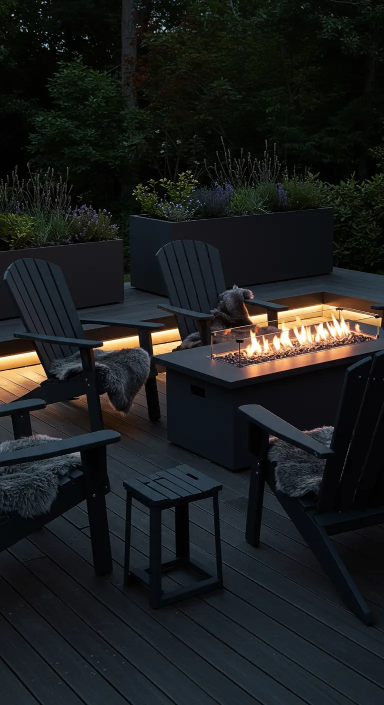 Terrasse sombre avec foyer linéaire, fauteuils Adirondack anthracite, éclairage sous rebord et peaux de mouton