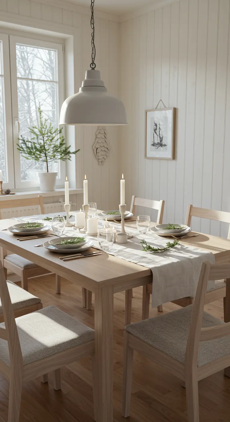 Table de Noël scandinave épurée avec bois clair, lin et brins de romarin.