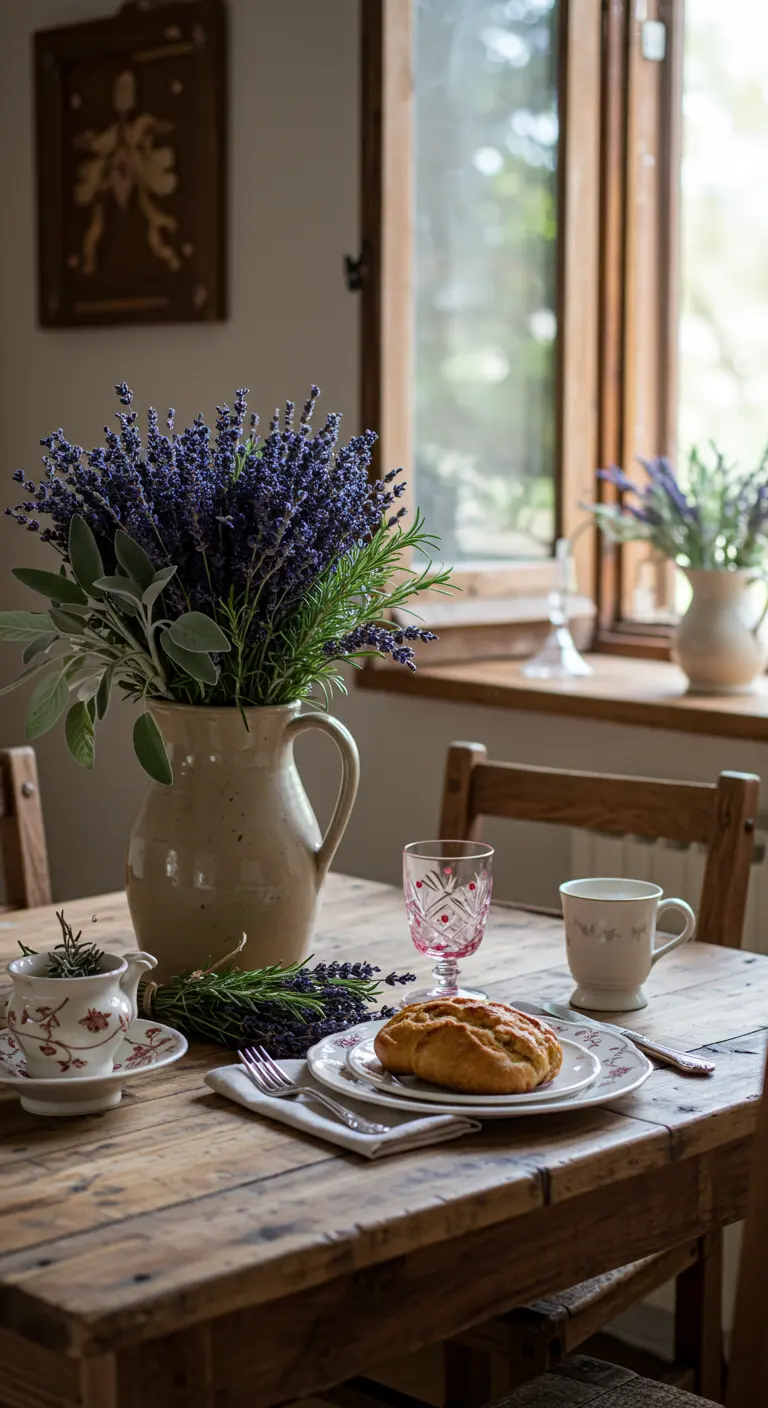 Pichet en céramique rempli de lavande fraîche sur une table en bois rustique.