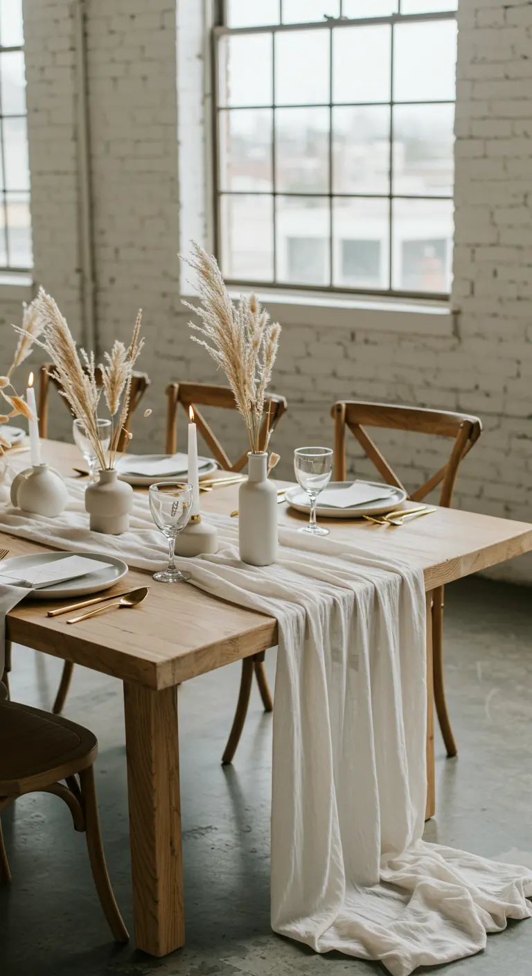Table de mariage minimaliste avec chemin de table en lin et herbe de la pampa.