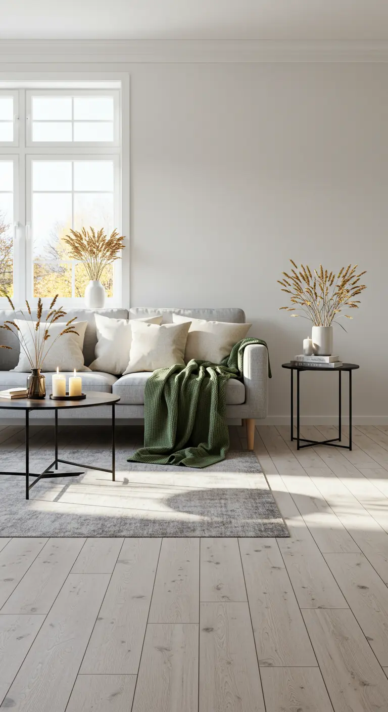 Salon minimaliste avec canapé gris, plaid vert et bouquets de graminées séchées.