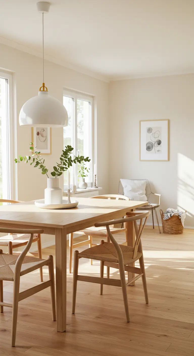 Centre de table minimaliste avec vase blanc et eucalyptus sur table en bois clair.