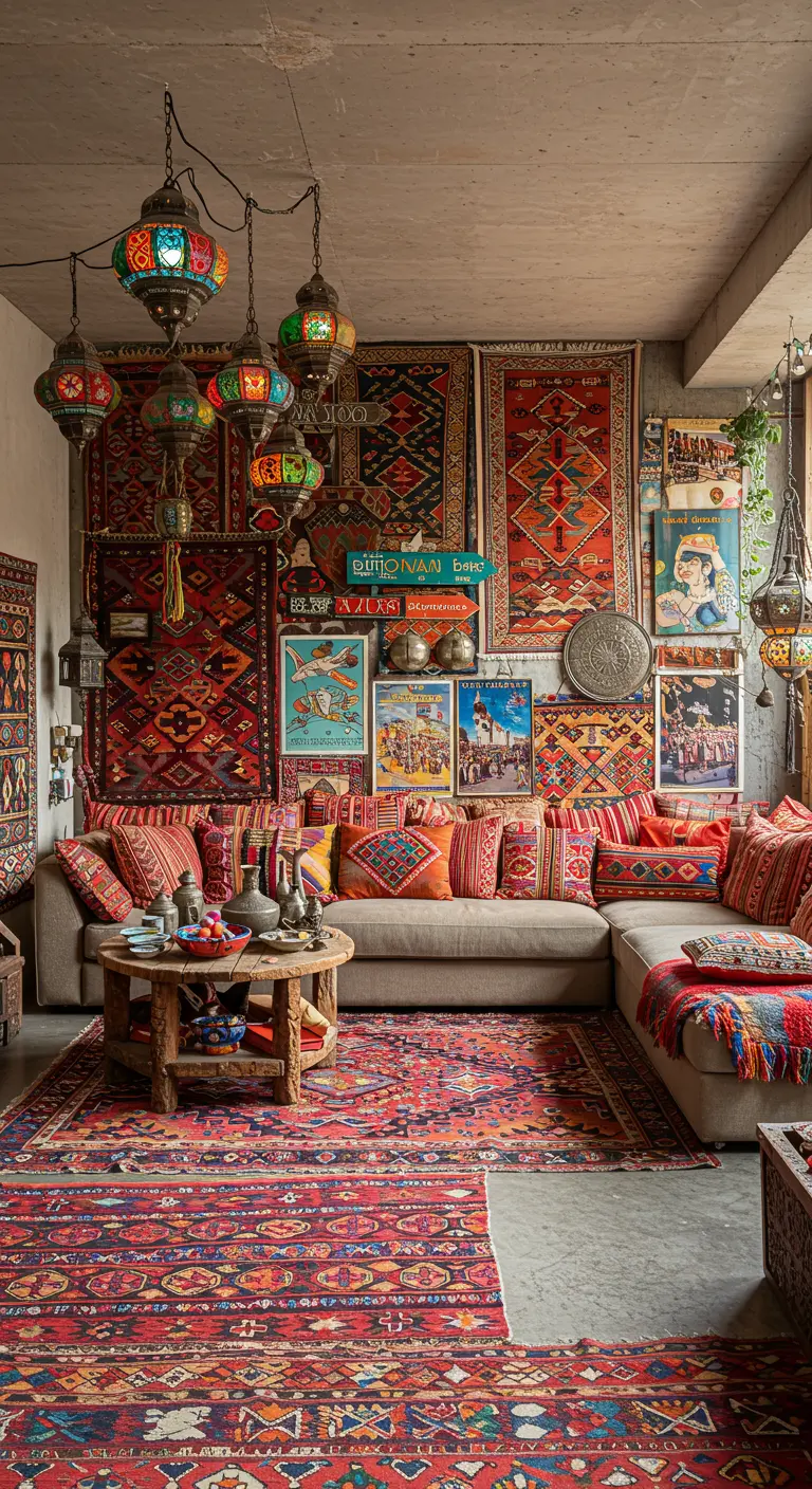 Salon marocain coloré avec un mur de cadres et tapis ethniques, canapé d'angle et lanternes suspendues.