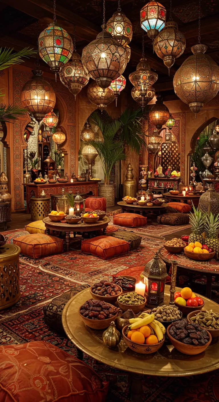 Intérieur de style marocain avec de nombreuses lanternes suspendues, des tapis et des coussins.