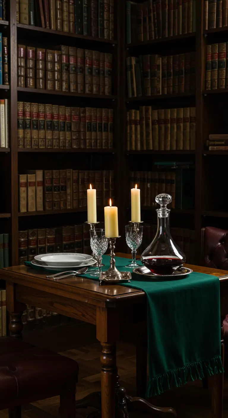 Table de dîner pour deux dans une bibliothèque, avec bougeoirs en argent et carafe de vin.