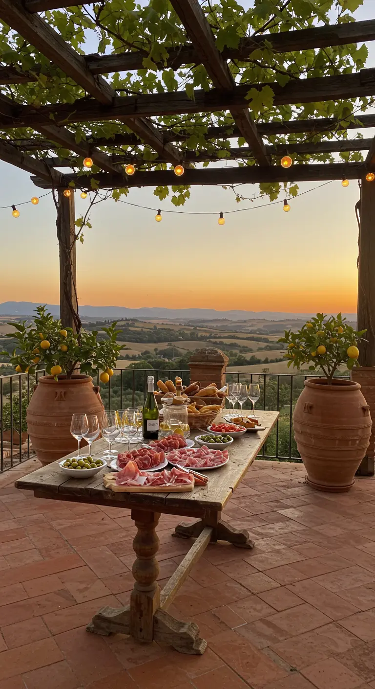Terrasse toscane avec pergola, table en bois, citronniers en pot et vue sur les collines.