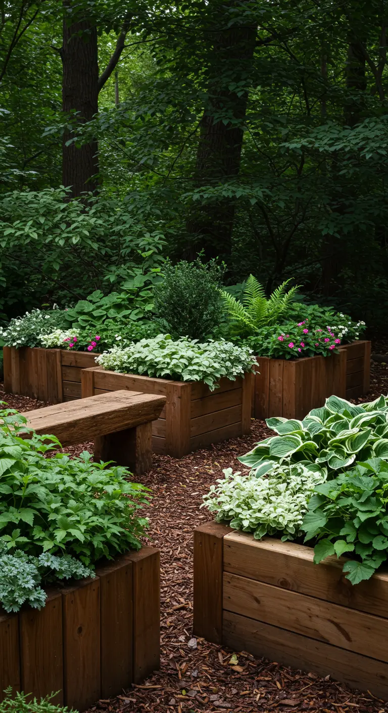 Jardin ombragé avec jardinières en bois remplies de plantes à feuillage vert et panaché, banc en bois.