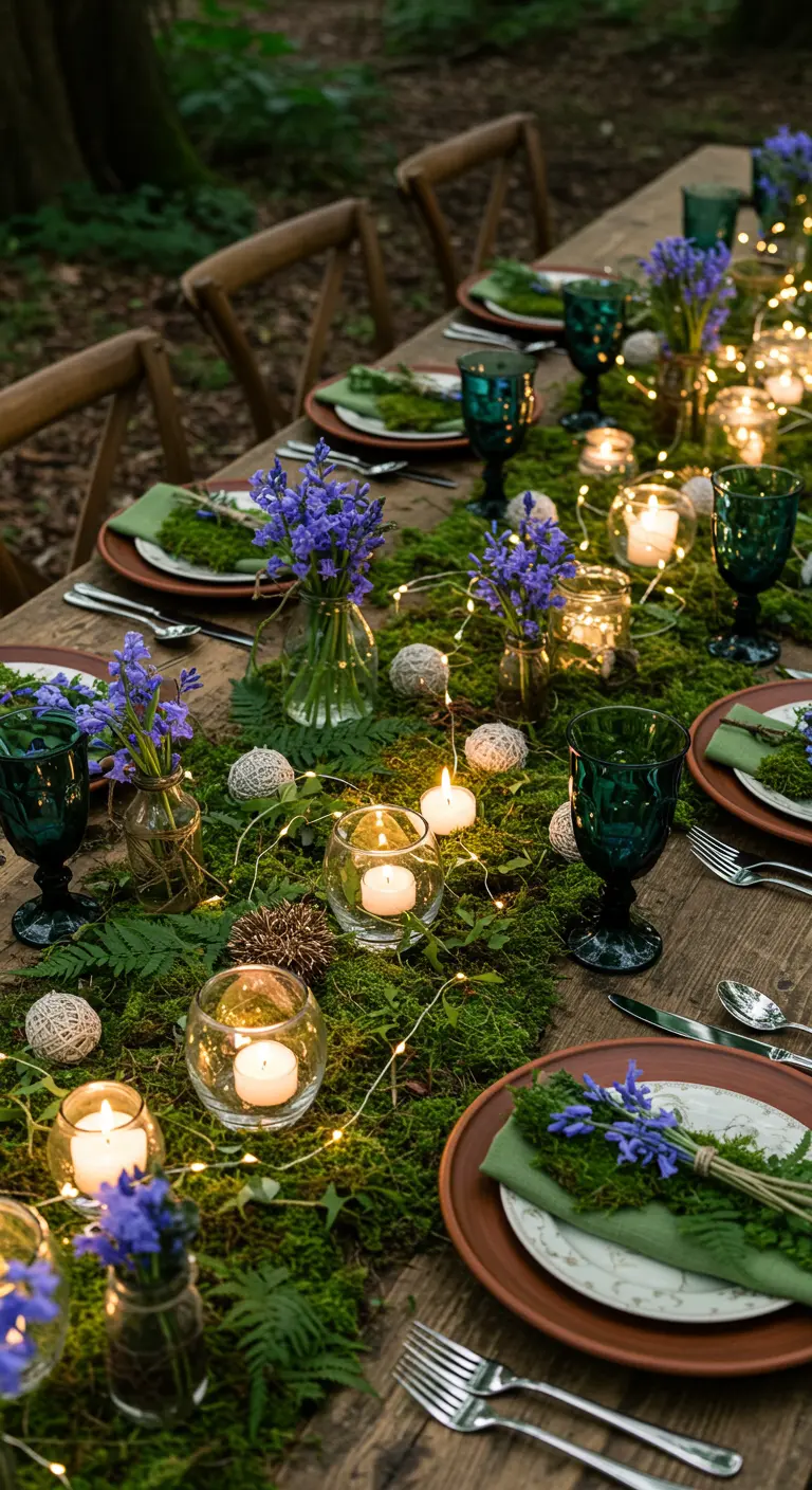 Table en bois dans forêt, chemin de mousse, guirlandes lumineuses, campanules bleues.