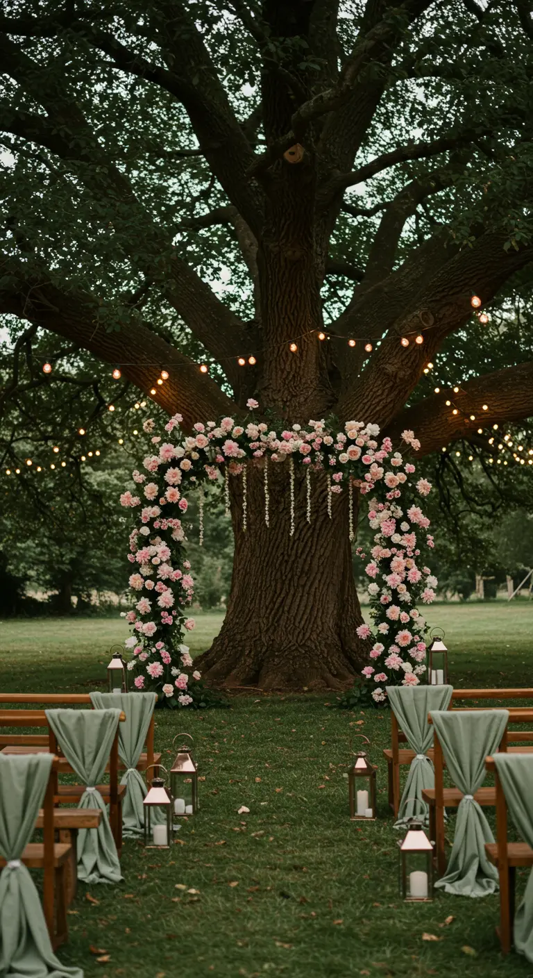 Arche fleurie de roses roses/blush sous un grand arbre, avec guirlandes lumineuses et lanternes.