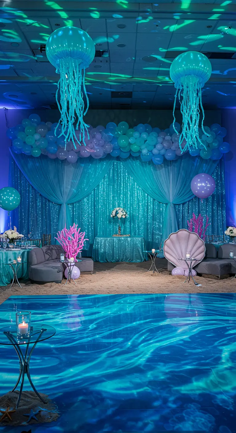 Décor de fête sous-marin avec rideaux bleus pailletés, méduses lumineuses et piste de danse marine.
