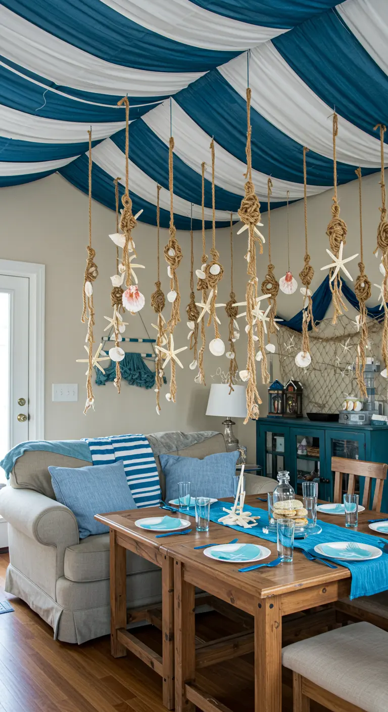 Plafond décoré de tentures bleues et blanches avec des coquillages suspendus