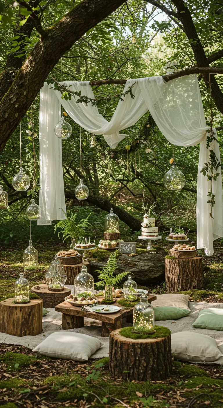 Fête en forêt avec voile blanc, terrariums suspendus et troncs d'arbres.